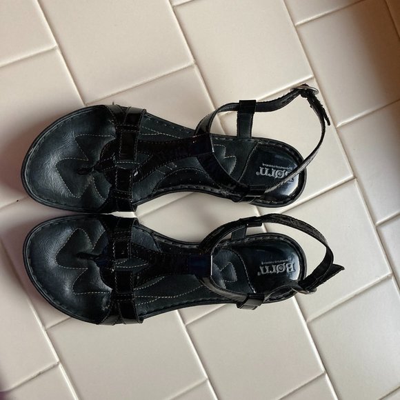 Born Thong Sandals Sz 8 Black Patent Leather Sling Back Women's Comfort Casual - Picture 2 of 14